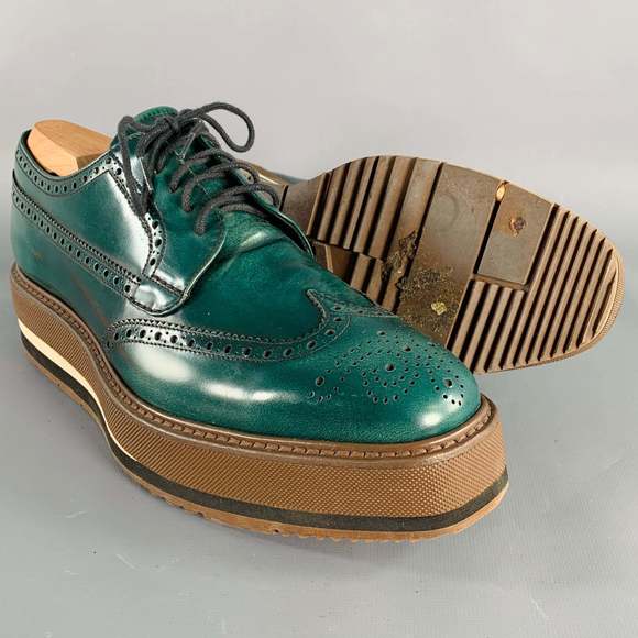 PRADA Green Brown Wingtip Leather Platform Lace-Up Shoes - Picture 5 of 8